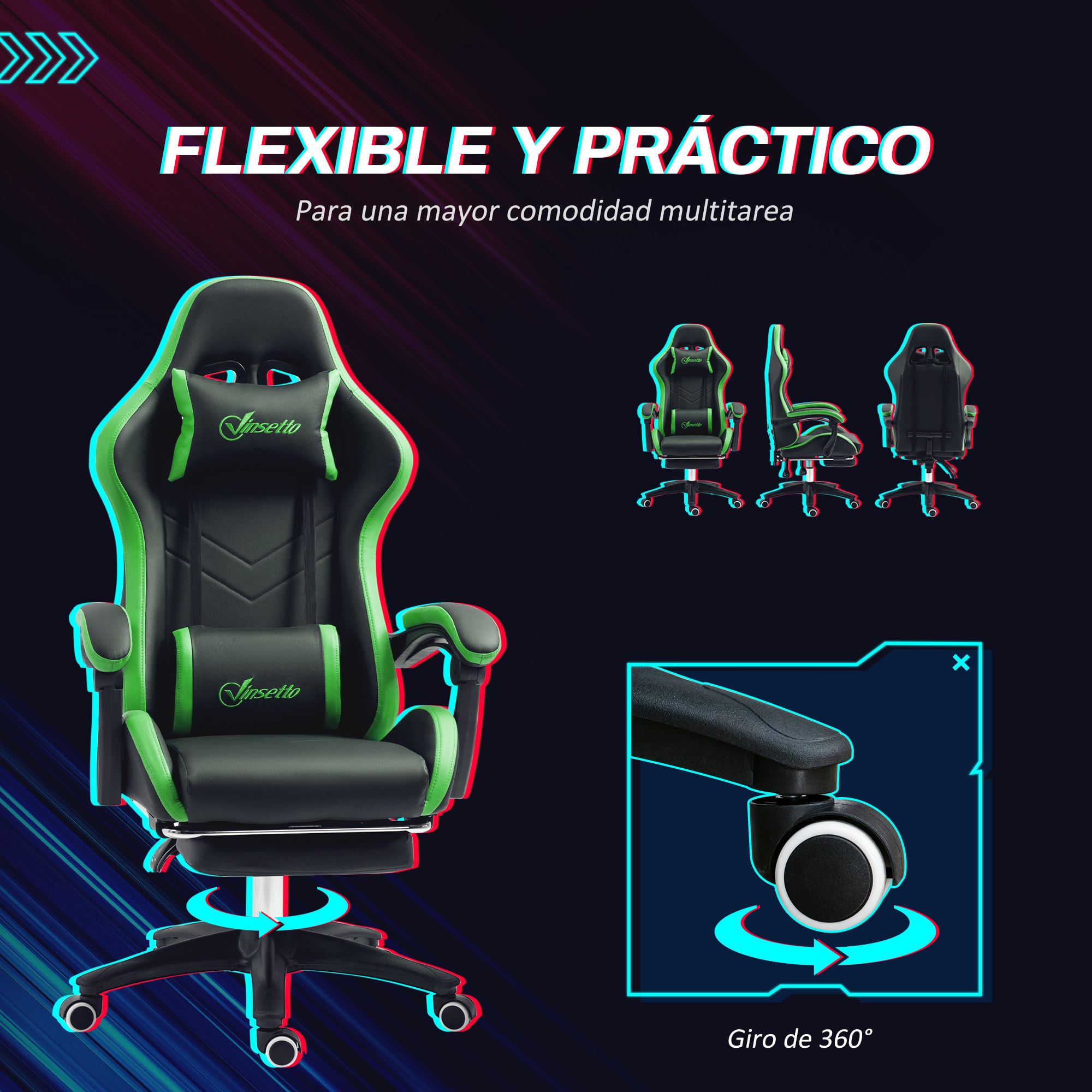 Silla Gaming Ergonómica Reclinable 135°, Silla Gamer Racing de Cuero PU con Soporte Lumbar, Altura Ajustable, Reposacabezas y Reposapiés Retráctil, para Oficina, Estudio, Negro y Verde