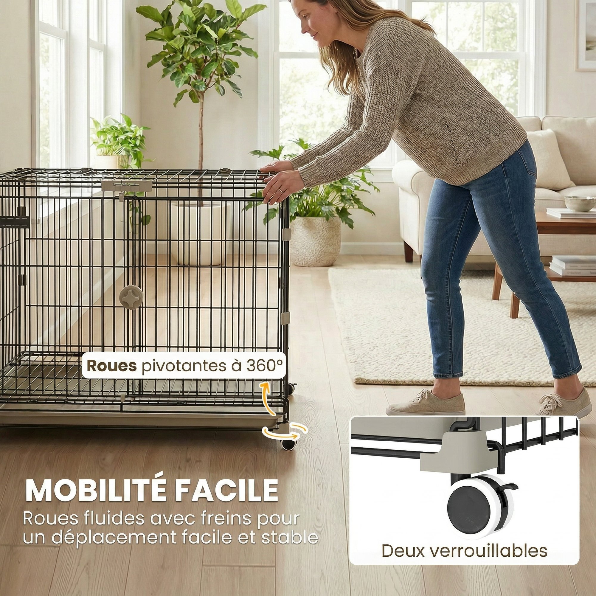 Cage pour Chien Pliable, Plateau Amovible, Roues avec Freins, Toit Ouvrant Verrouillable, Porte de Nourrissage, Niche Chien Interieur pour Petits et Moyens Chiens, 75,5x46x64,5cm, Noir