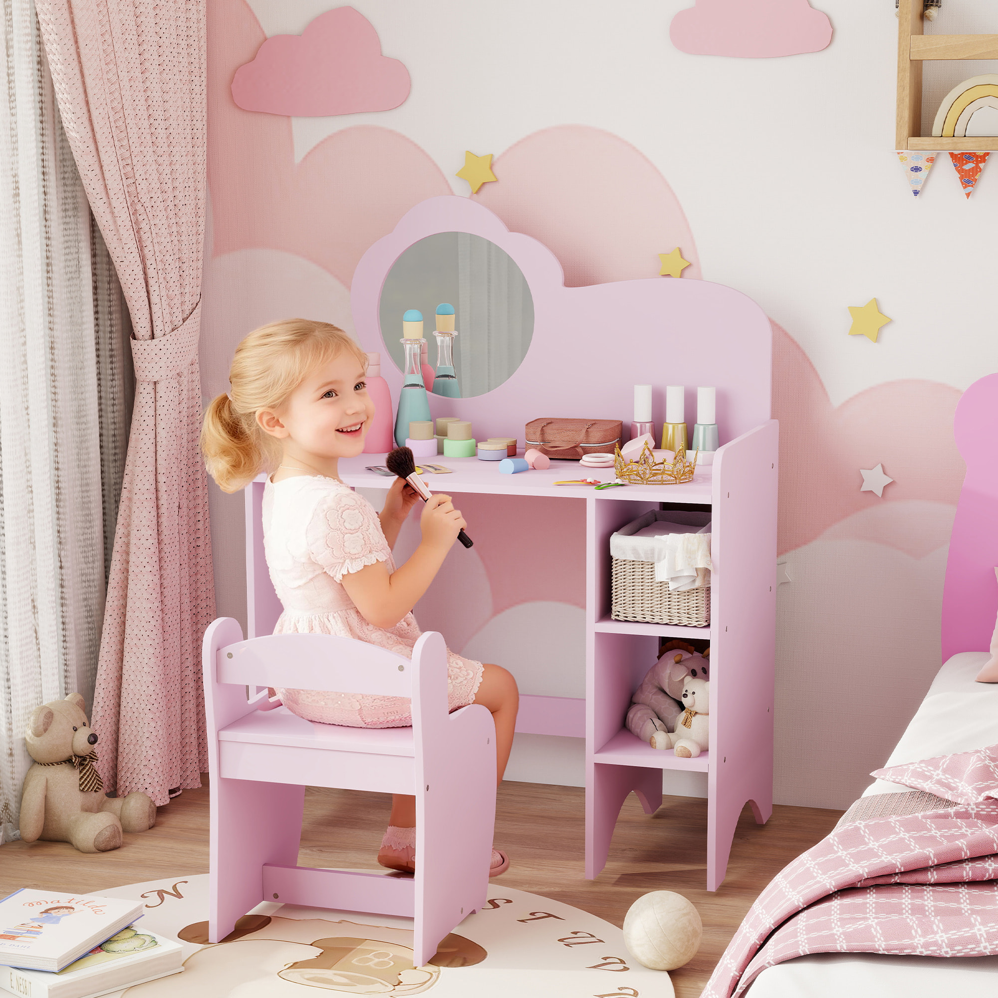 Tocador de Maquillaje Niña, 2 en 1, Escritorio, Tocador Infantil con Taburete, Espejo en Forma de Flor, Estantes Abiertos, para Niños +3 Años, Morado