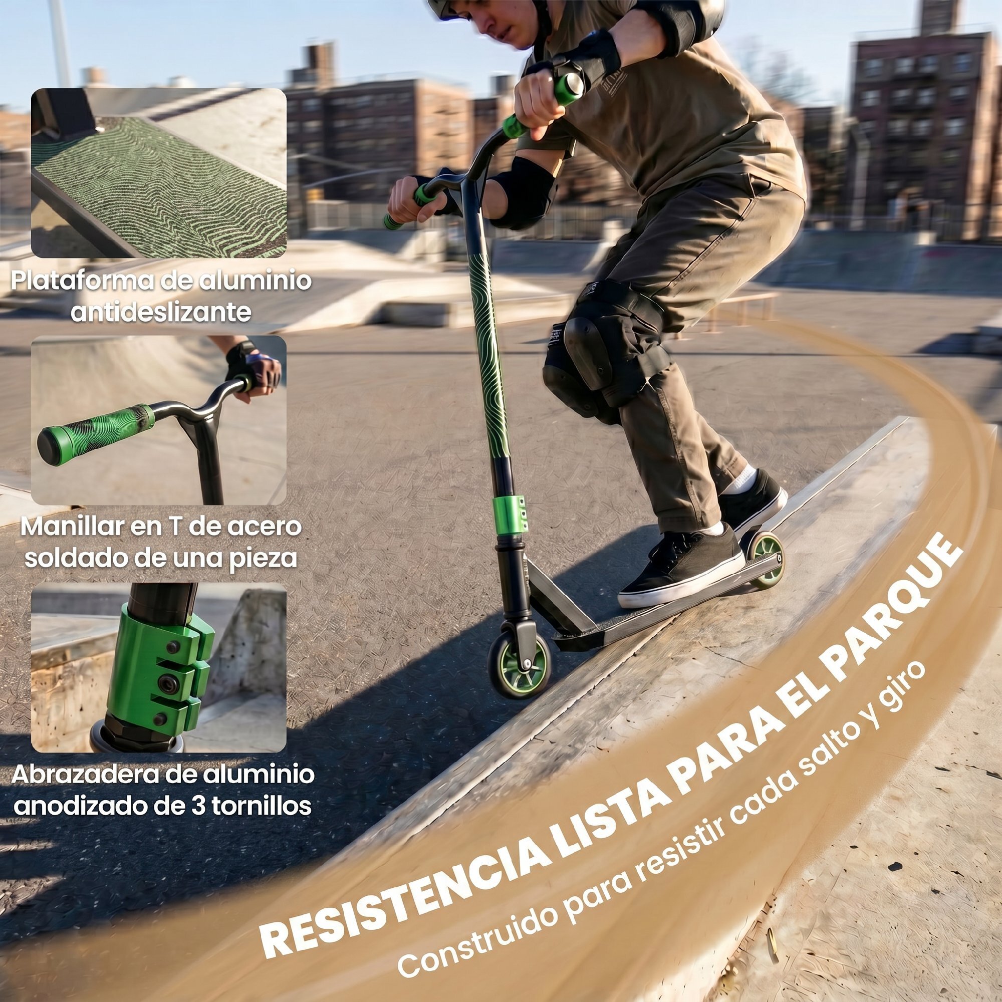 Scooter Acrobático, Scooter Freestyle con Manillar 360°, Rodamientos ABEC-9, Ruedas de PU de 120 mm, Marco de Aluminio Acero, Antideslizante, para Adolescentes, Adultos para Skatepark, Verde