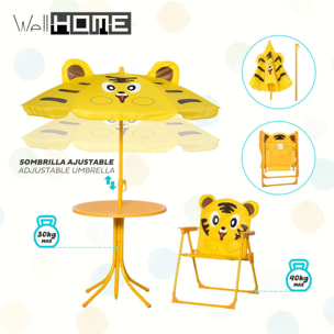 Well Home Conjunto jardín niños 4 piezas (mesa + 2 sillas + paraguas) diseño Tigre, plegable y ligero