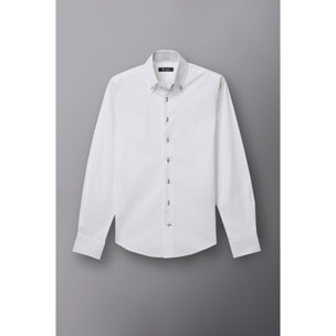 Camicia Uomo 2 Bottoni Button Down Slim Popeline Stretch Unito Bianco
