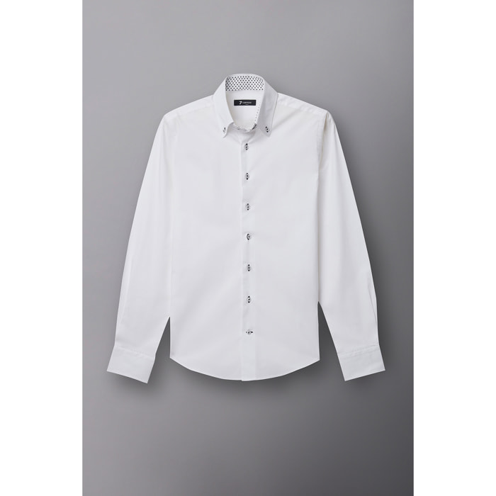 Camicia Uomo 2 Bottoni Button Down Slim Popeline Stretch Unito Bianco