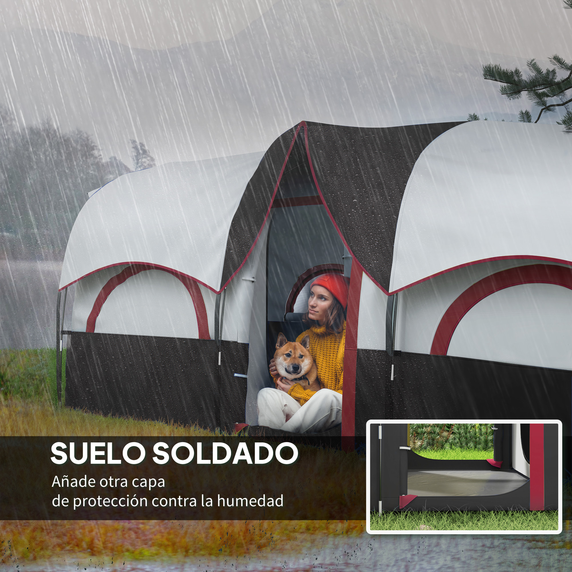 Tienda de Campaña Familiar tipo Túnel para de 4-6 Personas Impermeable 3000 mm Tienda de Camping Plegable con 2 Dormitorios Bolsa para Senderismo 435x251x195 cm Gris Oscuro y Blanco