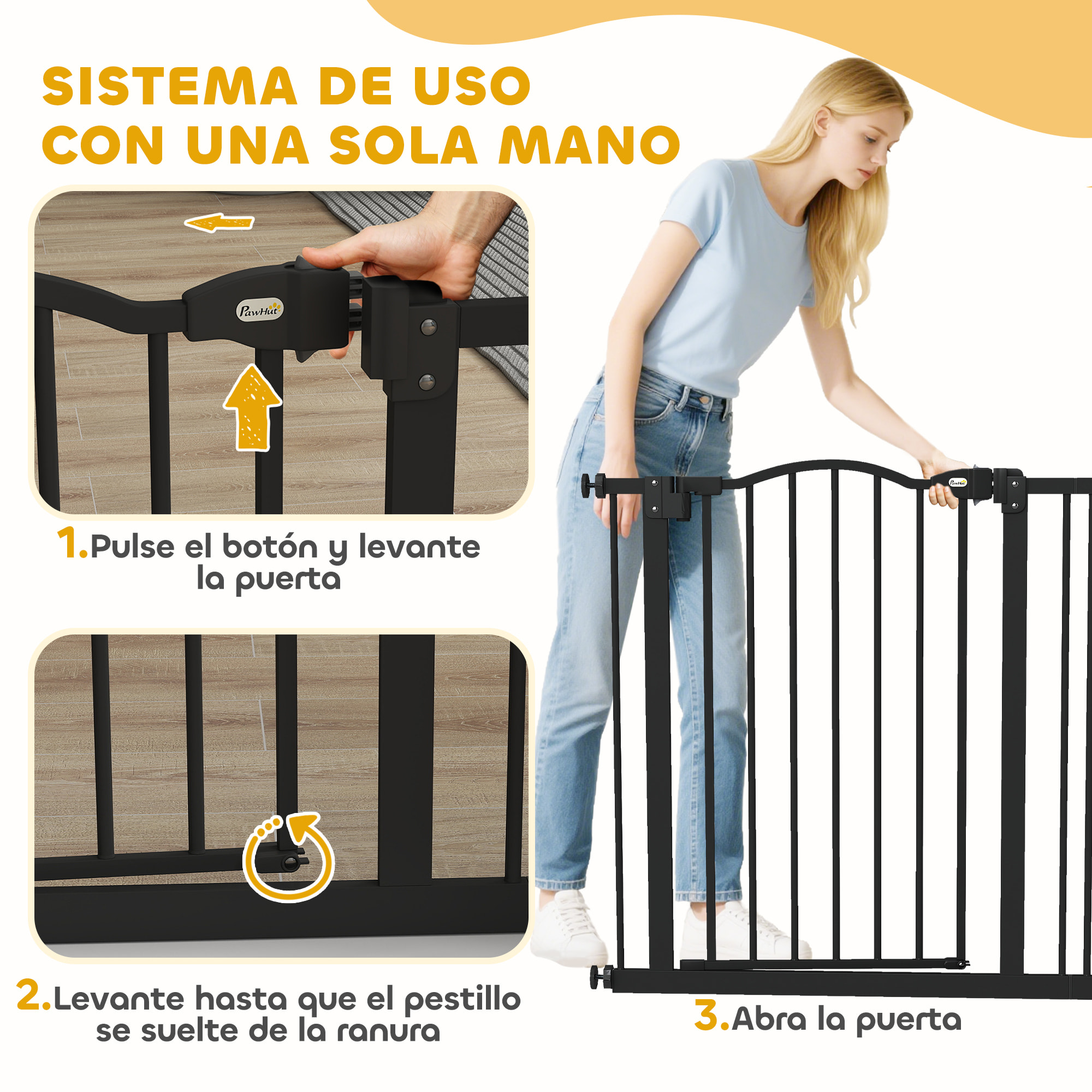 Barrera de seguridad para Perros Extensible 74-87 cm, para Puertas y Escaleras, Barrera para Perros con Extensión 7 cm, Montaje a Presión y Doble Bloqueo, Negro