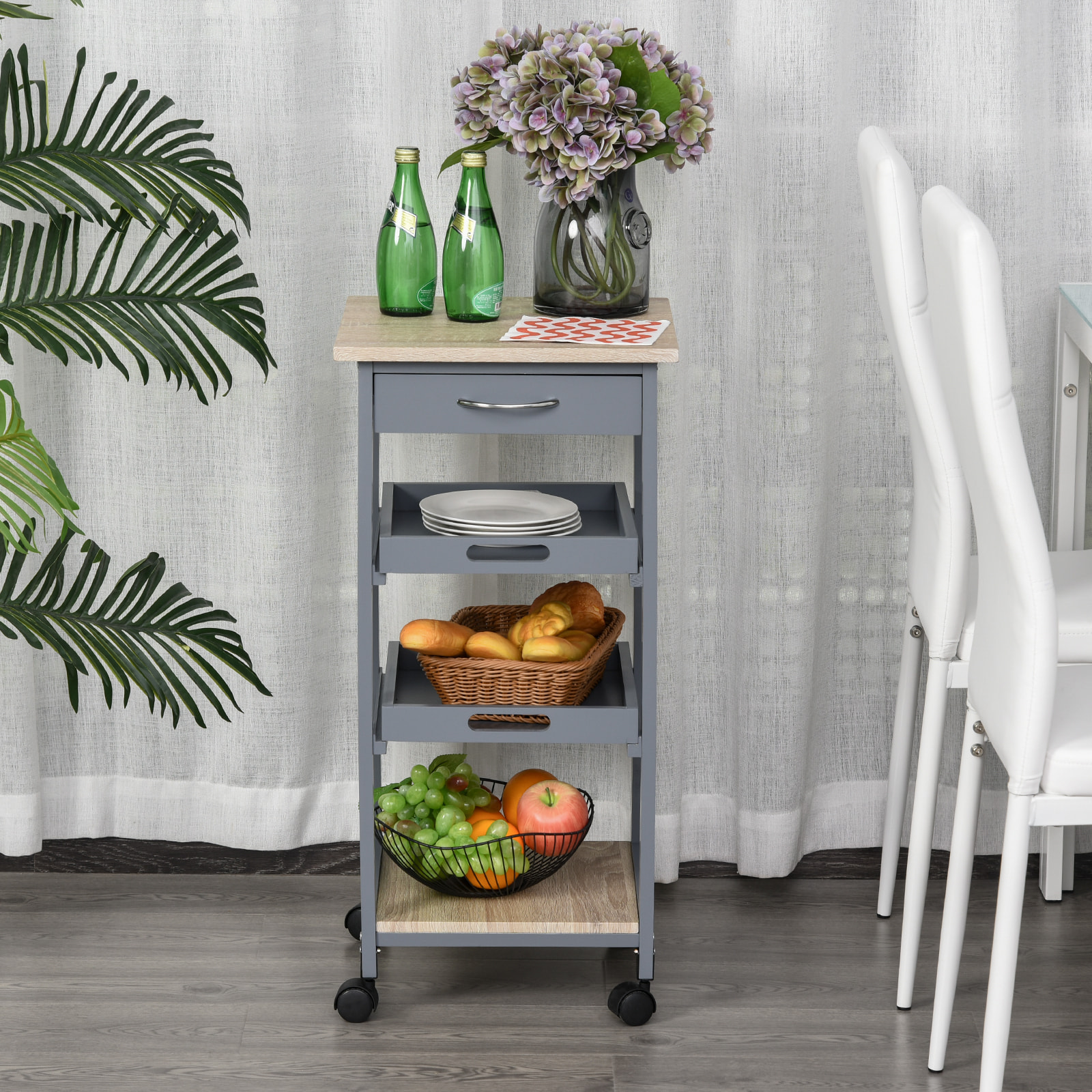 Chariot de service desserte de cuisine à roulettes 2 plateaux amovibles, tiroir, étagère MDF chêne clair bois pin gris