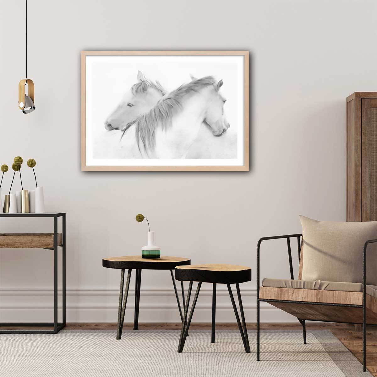 Poster chevaux blancs au crayon de bois Affiche + cadre en bois - Chêne