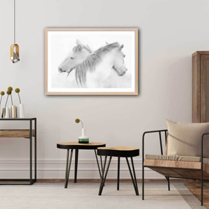 Poster chevaux blancs au crayon de bois Affiche + cadre en bois - Chêne