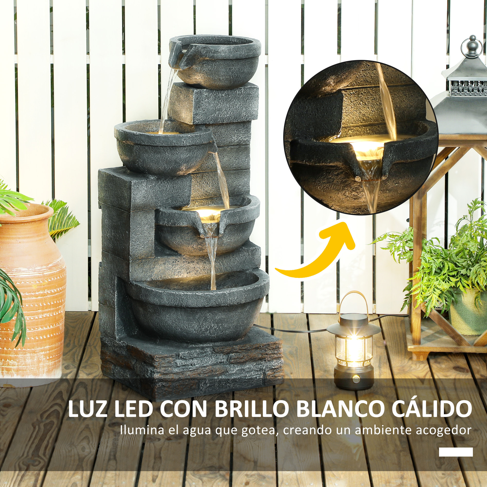 Fuente de Agua Fuente de Jardín con Iluminación LED Fuente Decorativa en Cascada de 4 Niveles para Jardín Patio Terraza 38x35x78,5 cm Gris