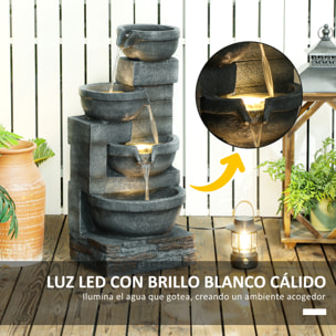 Fuente de Agua Fuente de Jardín con Iluminación LED Fuente Decorativa en Cascada de 4 Niveles para Jardín Patio Terraza 38x35x78,5 cm Gris