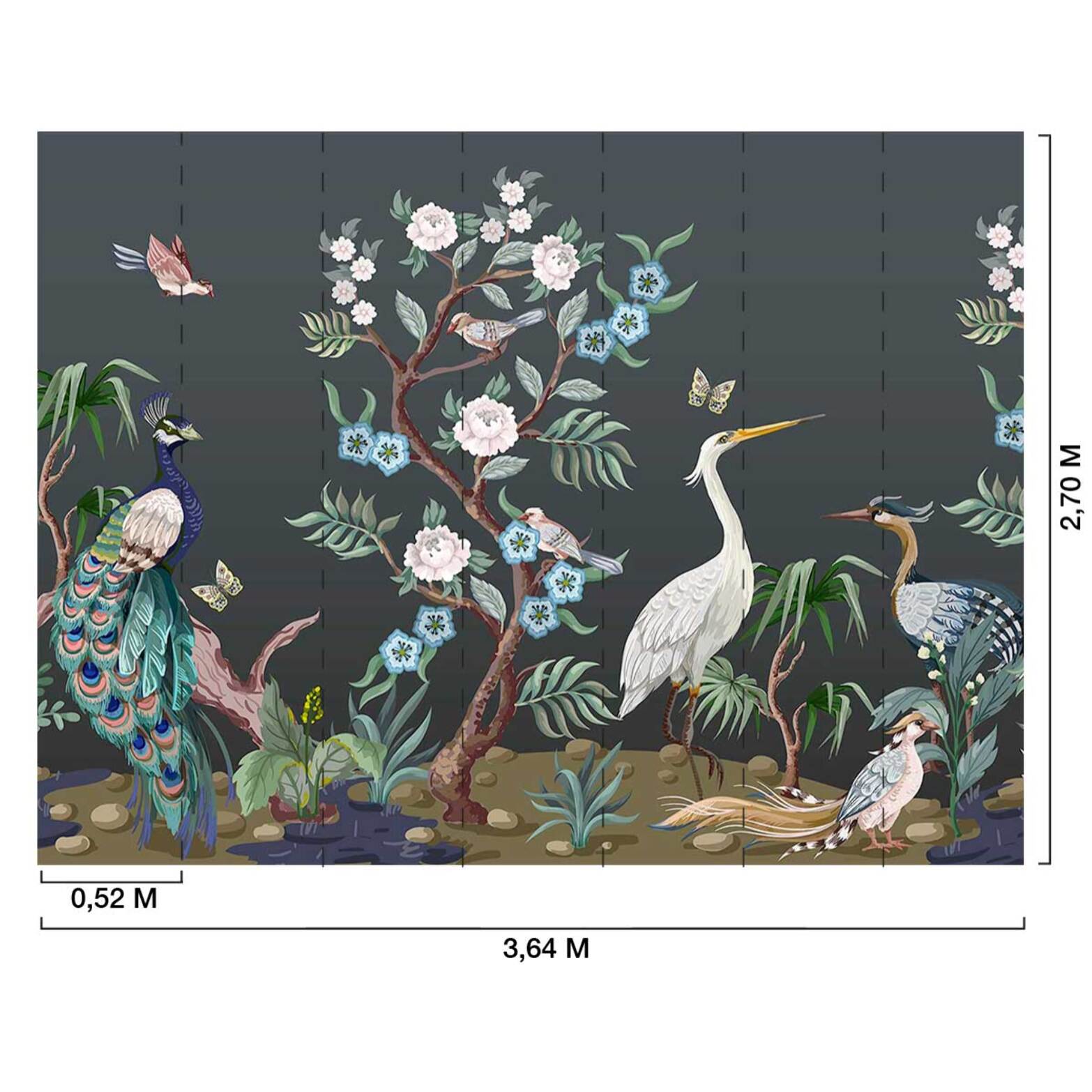 Papier peint panoramique oiseaux et nature élégante fond sombre Intissé