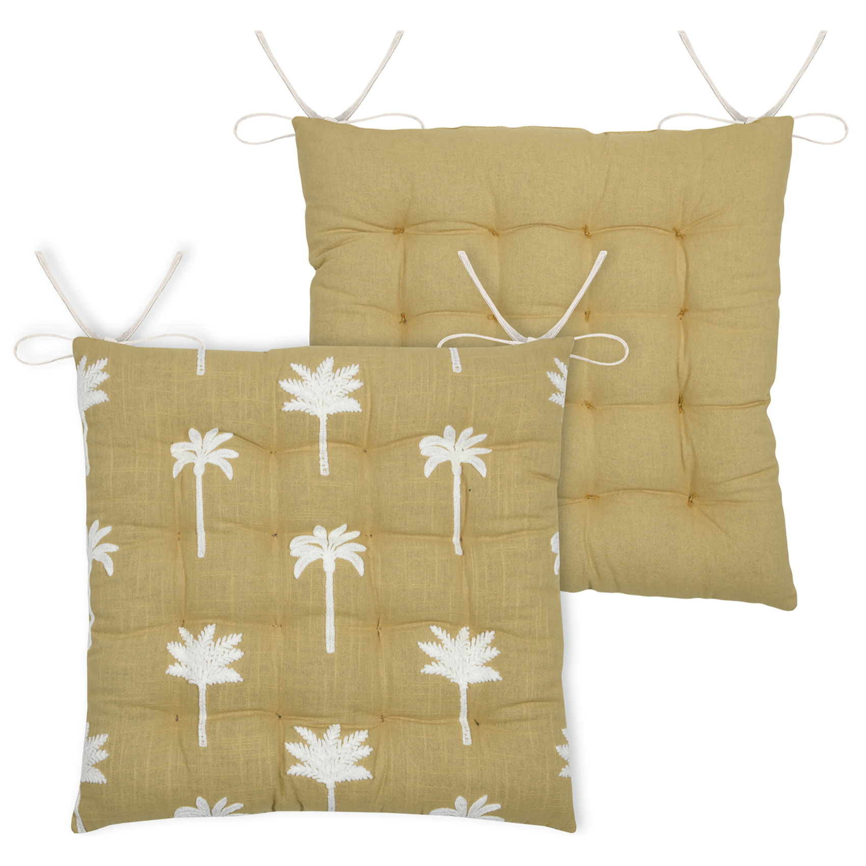 Galette de chaise brodée à motifs palmiers - Jaune moutarde