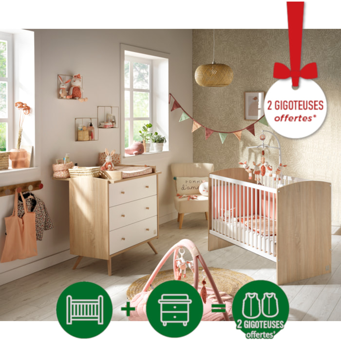 Chambre bébé complète Access, Lit 120x60 et Commode à langer - Chêne doré