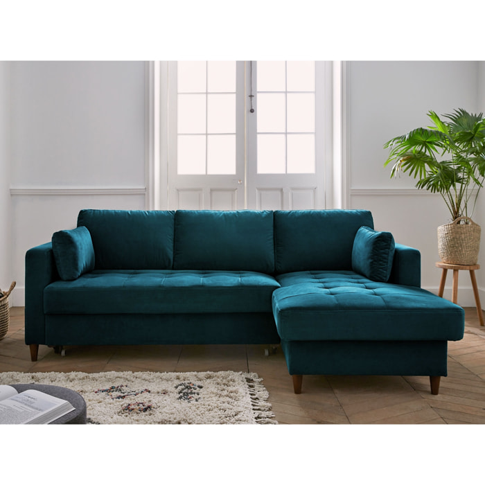 Anna - canapé d'angle droit - 4 places - convertible avec coffre - en velours - Bleu canard