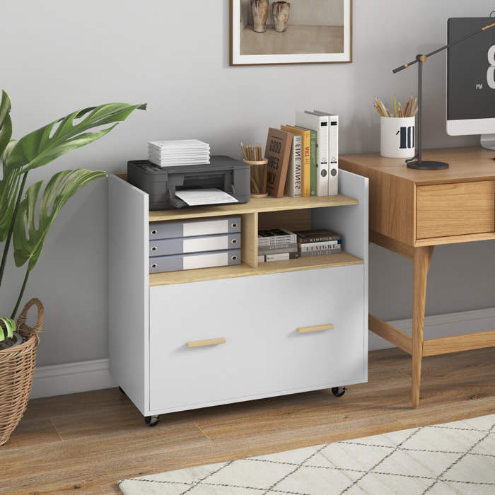 Cajonera de Oficina Armario Archivador Móvil Cajonera Escritorio con Ruedas Cajón Barras Colgantes para Tamaño A4 y 2 Compartimientos para Estudio Salón 76x40x75,5 cm Roble y Blanco