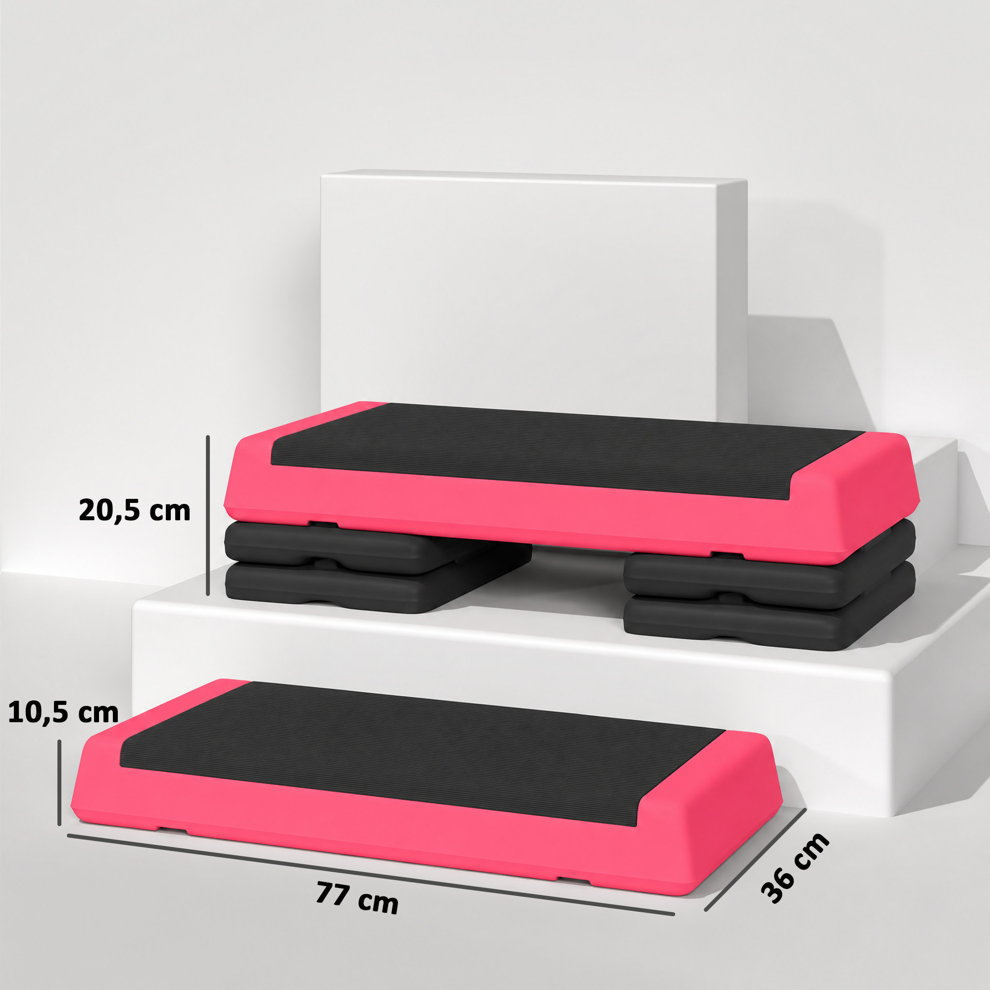 Step de Aeróbic, Step para Fitness Antideslizante, Altura Regulable 3 Niveles de 10,5/15,5/20,5 cm, Carga 250 kg, para Ejercicio en Casa, Gimnasio, 77x36x20,5 cm, Rosa y Negro