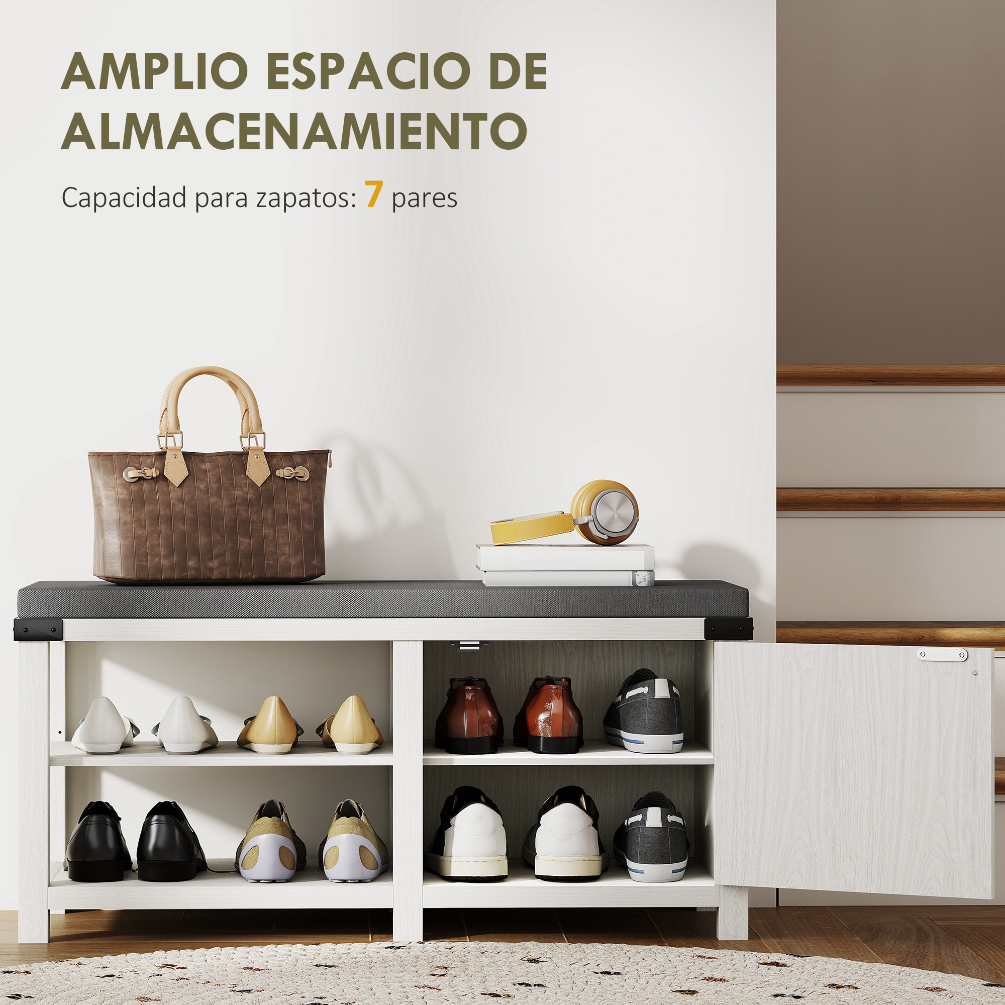 Banco Zapatero Rústico Zapatero con Asiento Organizador de Zapatos con Compartimentos Cojín para 7 Pares de Zapatos para Entrada Salón Dormitorio 100x40x48 cm Blanco y Gris