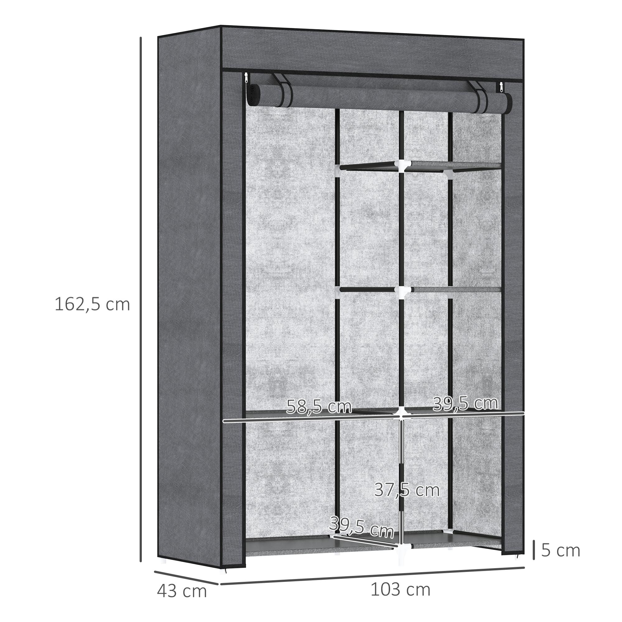 Armoire penderie multi-rangement - 6 étagères, 1 barre - dim. 103L x 43l x 162,5H cm - acier noir non tissé gris