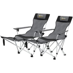 Lot de 2 chaises de camping pliantes - repose-pied amovible, rangements - sac transport - gris