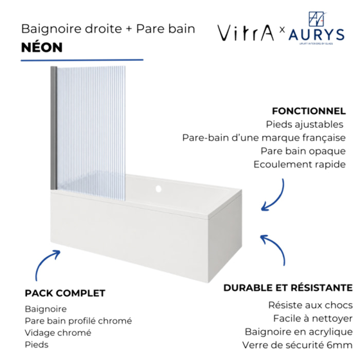 Baignoire rectangulaire Neon 180x80cm + Pare bain gauche AURYS Raywall chromé profilé gauche