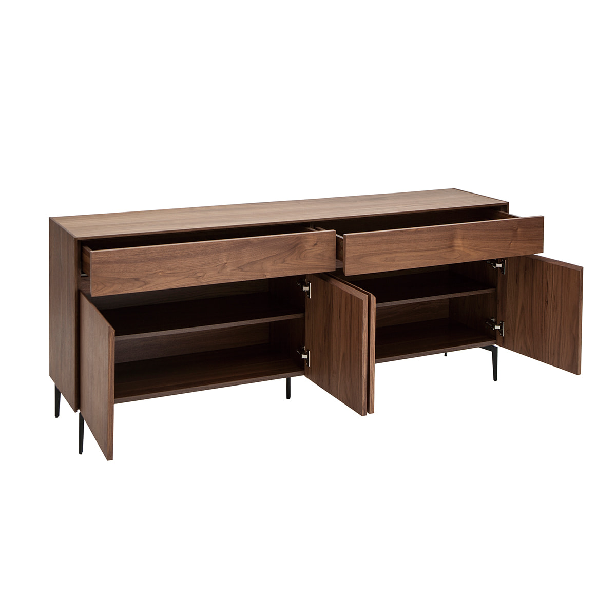 Buffet design en bois foncé noyer et métal noir 4 portes 2 tiroirs L180 cm BLISS