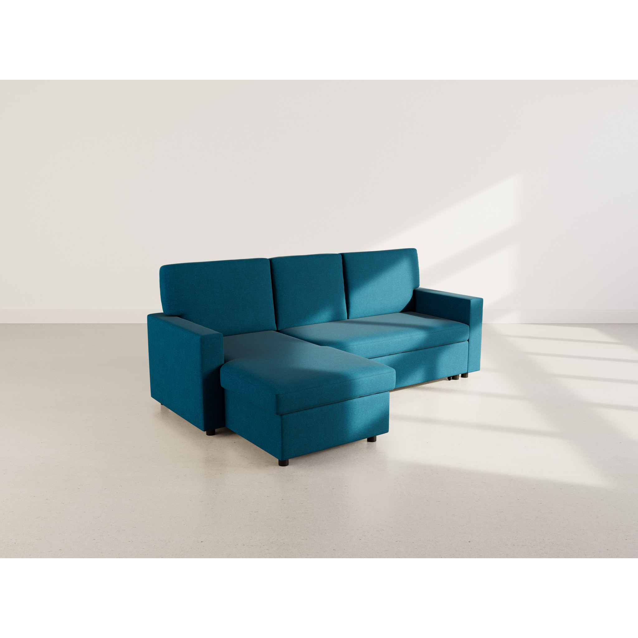 Meiya - canapé d'angle réversible 4 places convertible avec coffre en tissu - Bleu