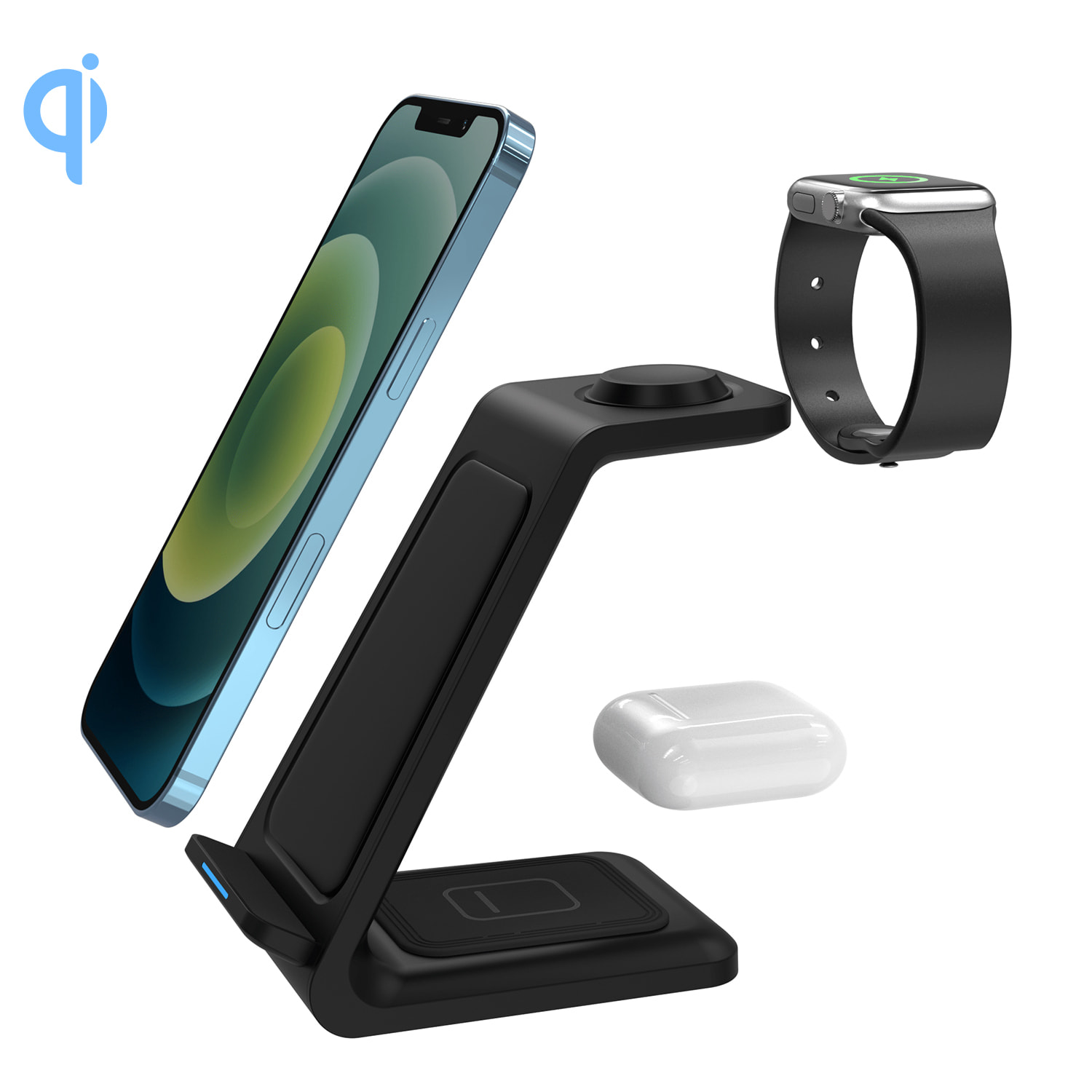 Stazione di ricarica 3 in 1 da 15w. Base di ricarica wireless Qi per 2 smartphone, auricolari e Apple Watch.