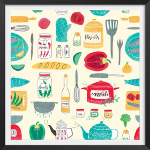 Affiche cuisine set de vaisselle Affiche + cadre en bois - Noir