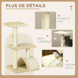 Arbre à chat griffoir grattoir design jeu boule suspendue 2 plateformes peluche sisal naturel crème