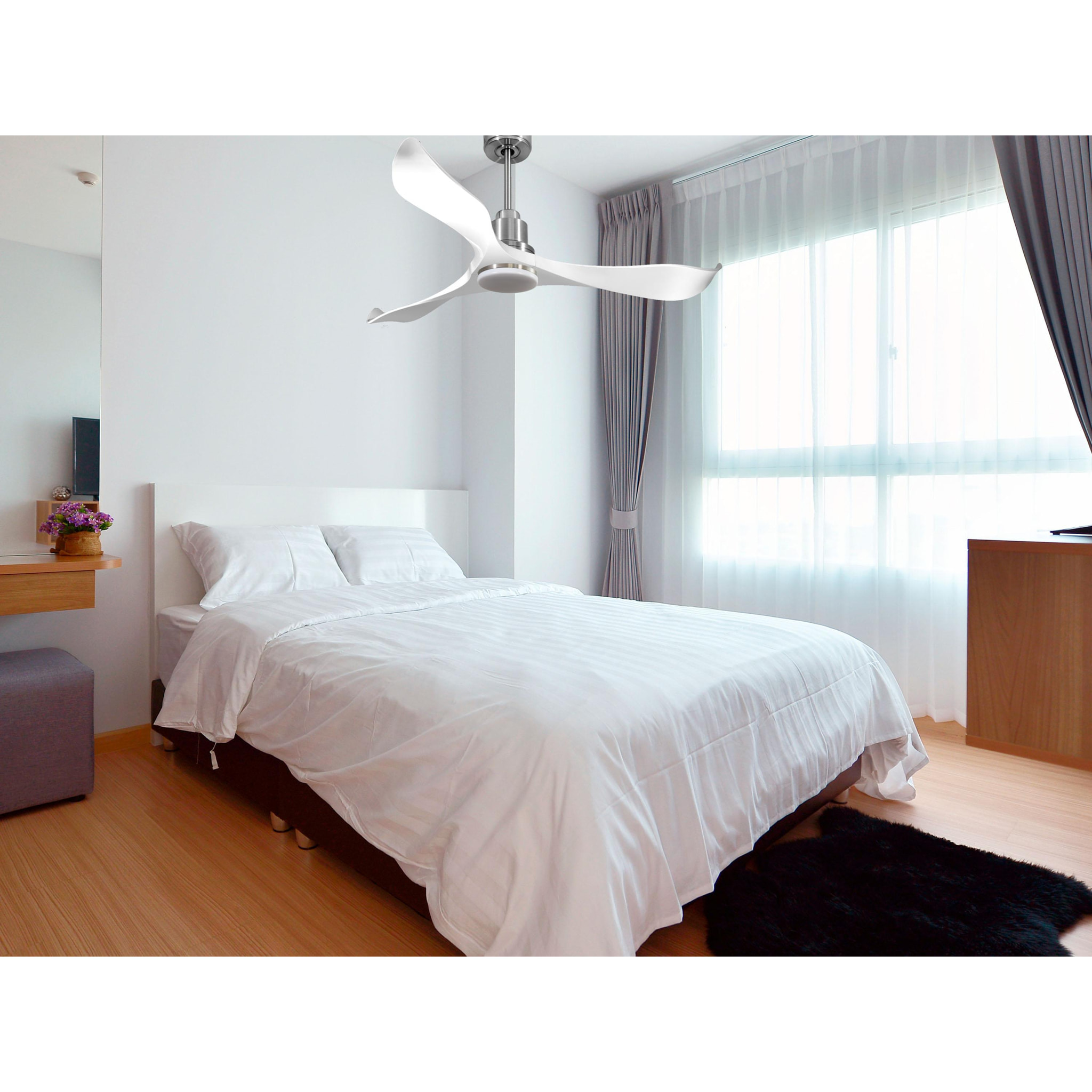 Ventilador de techo Reversible Termostato Dimable Wifi Motor DC Techos Inclinados Mando a Distancia Luz tres tonos Adaptador 2/3 Aspas Hypersilence Memoria VirginD132C04LED67069 PURLINE