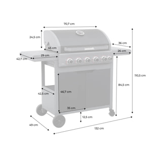 Barbecue au gaz Edmond noir - 5 brûleurs + 1 feu latéral. avec thermomètre. L 132x P62 x H143 cm