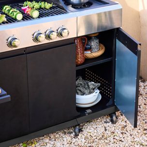 Barbecue gaz 4 brûleurs + 1 feu latéral MAXIM noir. Acier. thermomètre intégré. récupérateur de graisse. grille de chauffe. L 145.5 x P 61.5 x H 143.5cm