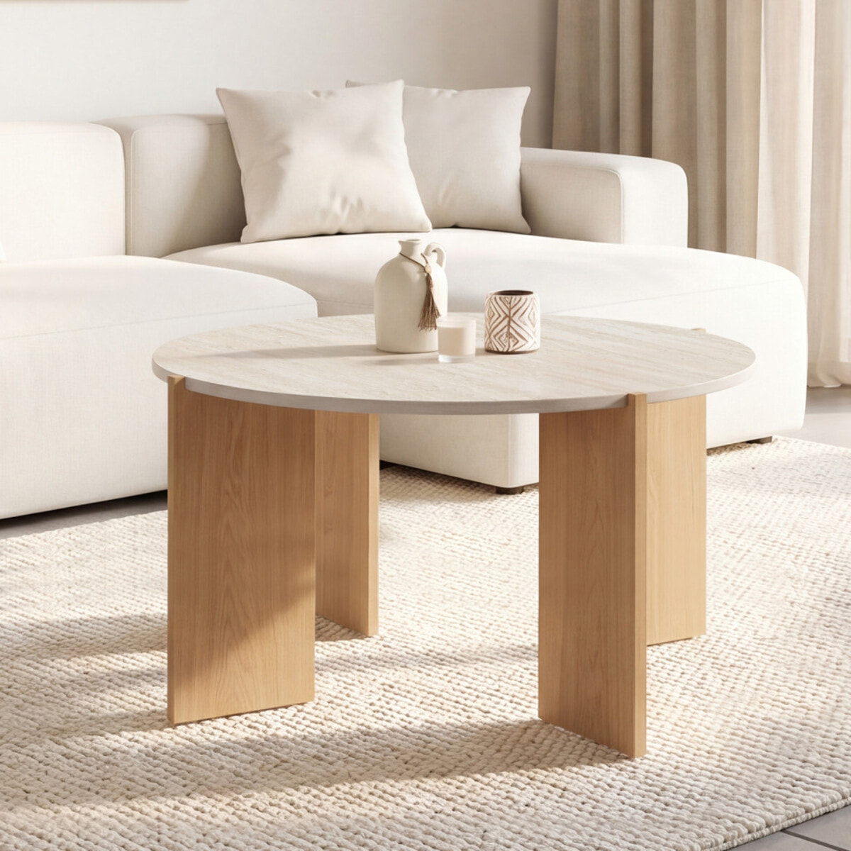 Table basse ronde Sidonie effet travertin Ø70cm