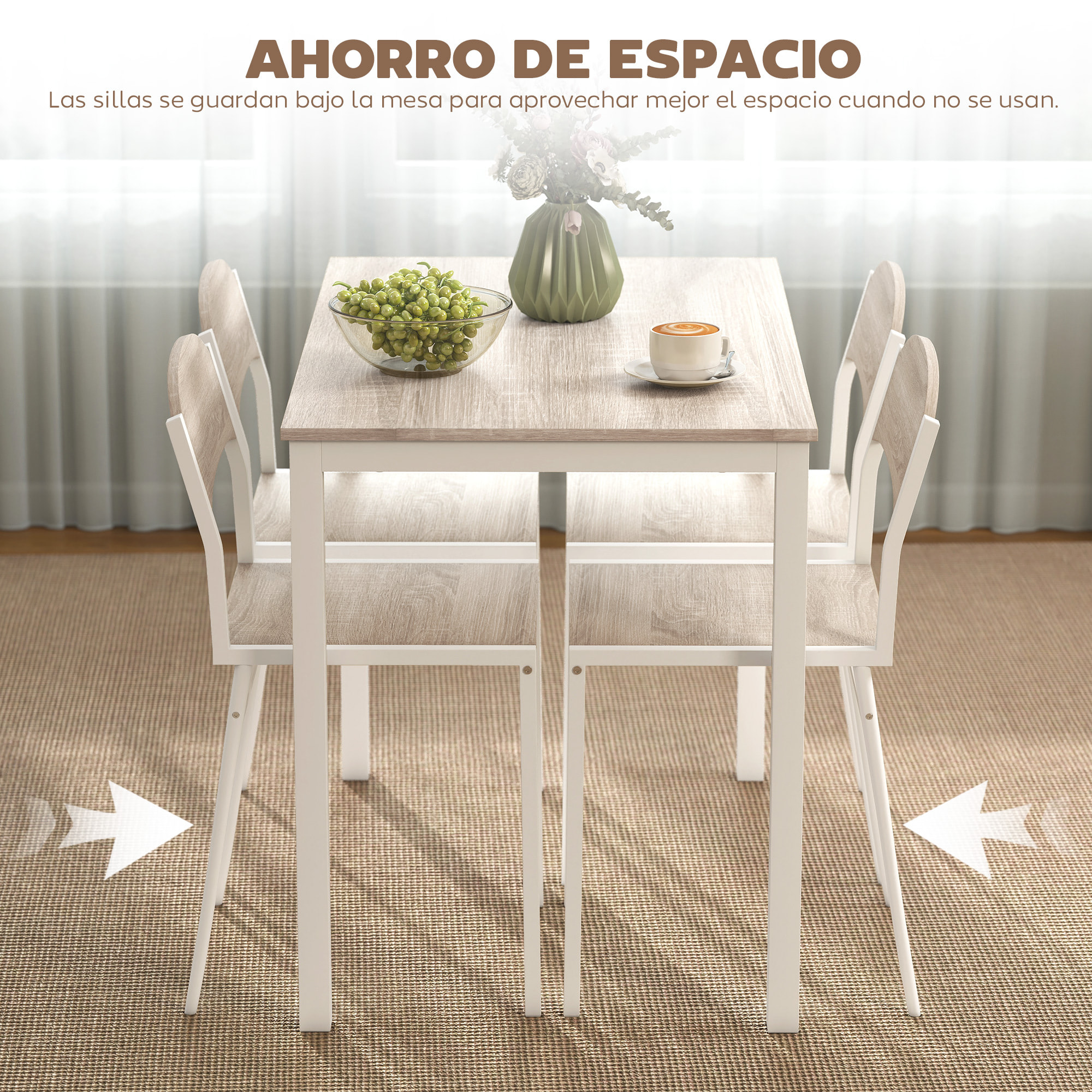 Juego de Mesa y Sillas de Comedor, Mesa de Cocina Redonda con 4 Sillas, Estilo Moderno, Marco Metálico, para Espacios Pequeños, Salón, Roble y Blanco