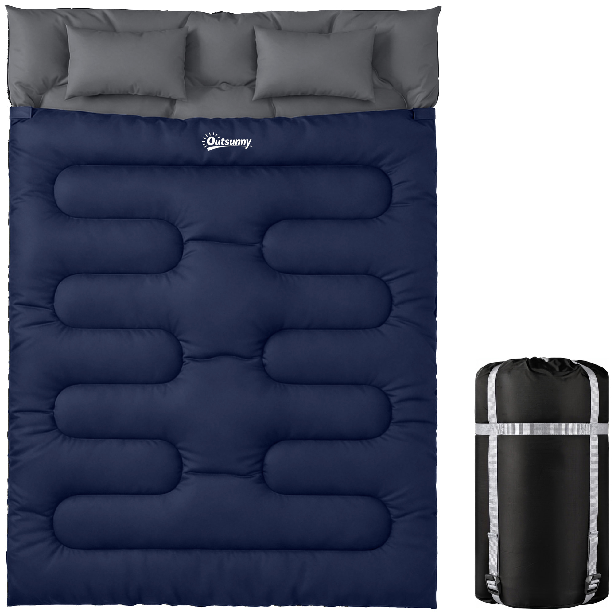 Saco de Dormir Doble Adulto, Ligero, Tamaño Queen para 2 Personas 3 Estaciones, Saco de Dormir Rectangular con 2 Almohadas y Bolsa Transporte, para Días Fríos, Acampar, Senderismo Azul Oscuro