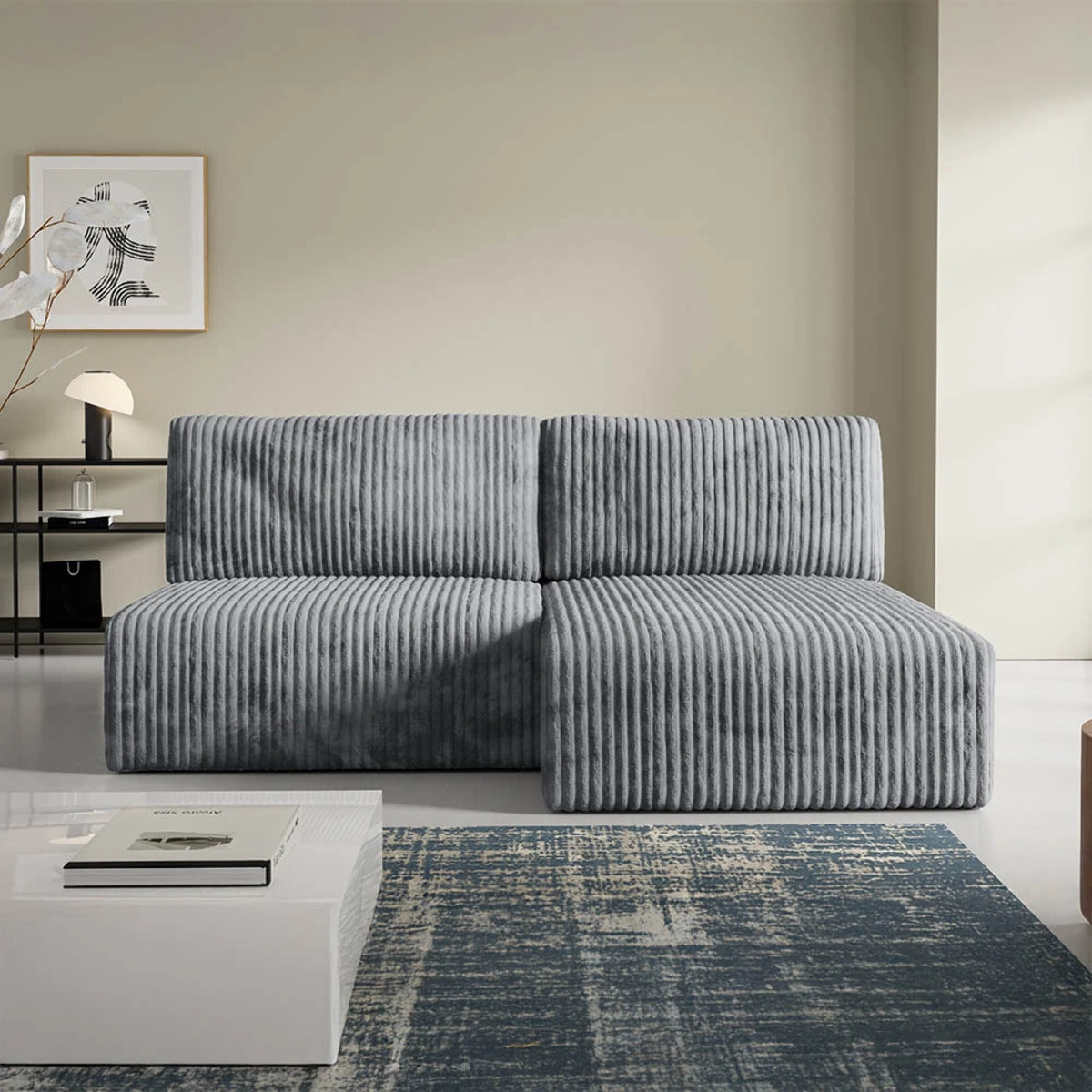 ELIOR - Canapé d'angle convertible et modulable 4 places en côtelé gris