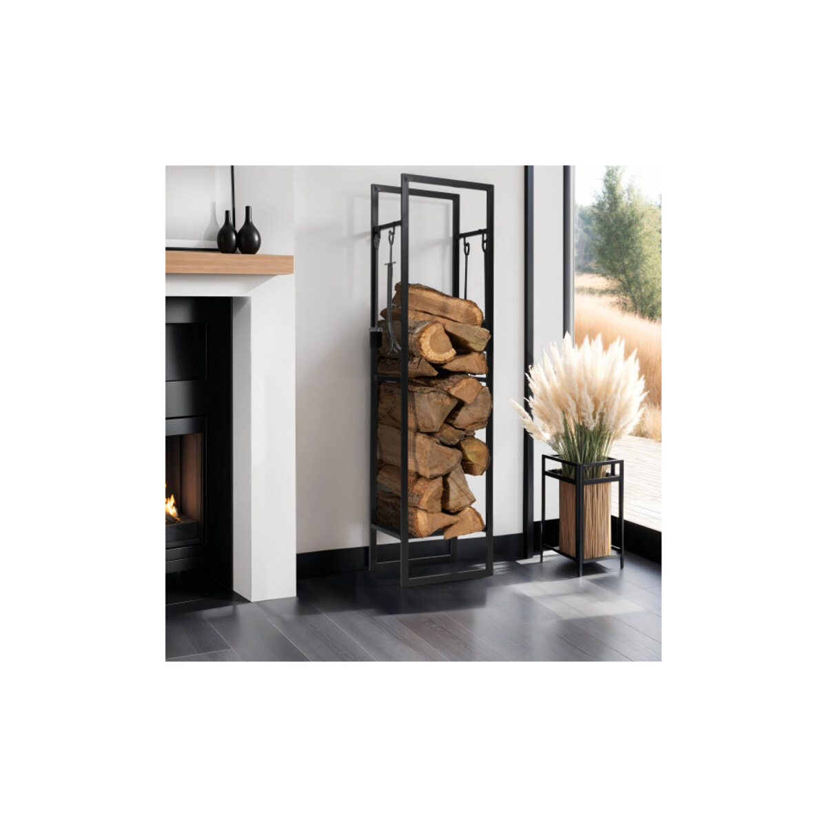 Range bûches vertical avec étagère et accessoires 170 cm