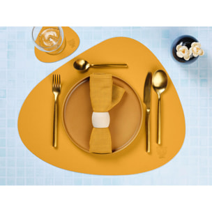 Set de table curve réversible - 6 pièces - Cuir recyclé jaune moutarde et vert sapin