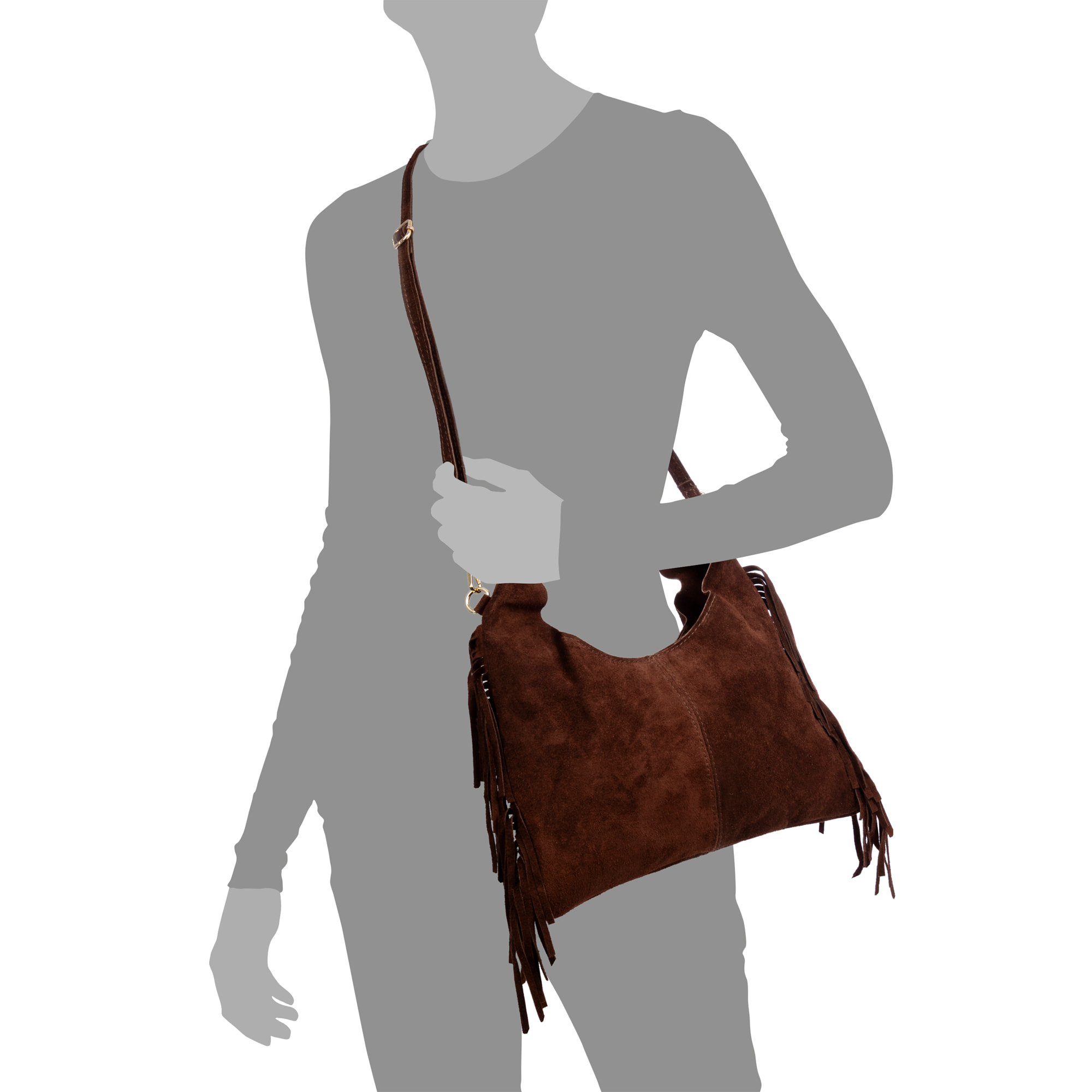 Barisciano bolso de hombro de mujer. Piel auténtica Gamuza, con flecos.