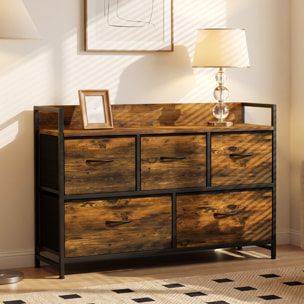Mueble Organizador Cajonera de Tela con Cajones Plegables Estante Abierto y Marco de Acero Estilo Industrial para Salón Recibidor Dormitorio 98x29x63 cm, Marrón Rústico