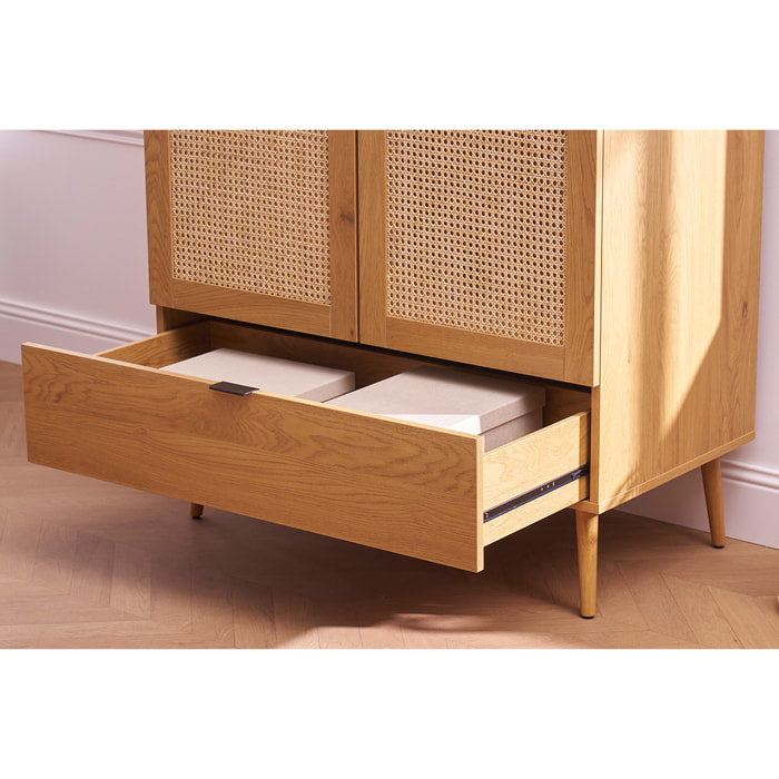 Armoire finition bois clair, cannage en rotin et métal noir L100 cm MANILLE