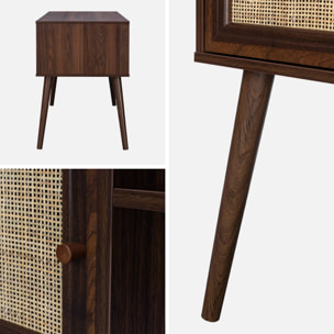 Bureau cannage et décor bois foncé avec 2 portes. 1 casier ouvert. pieds compas