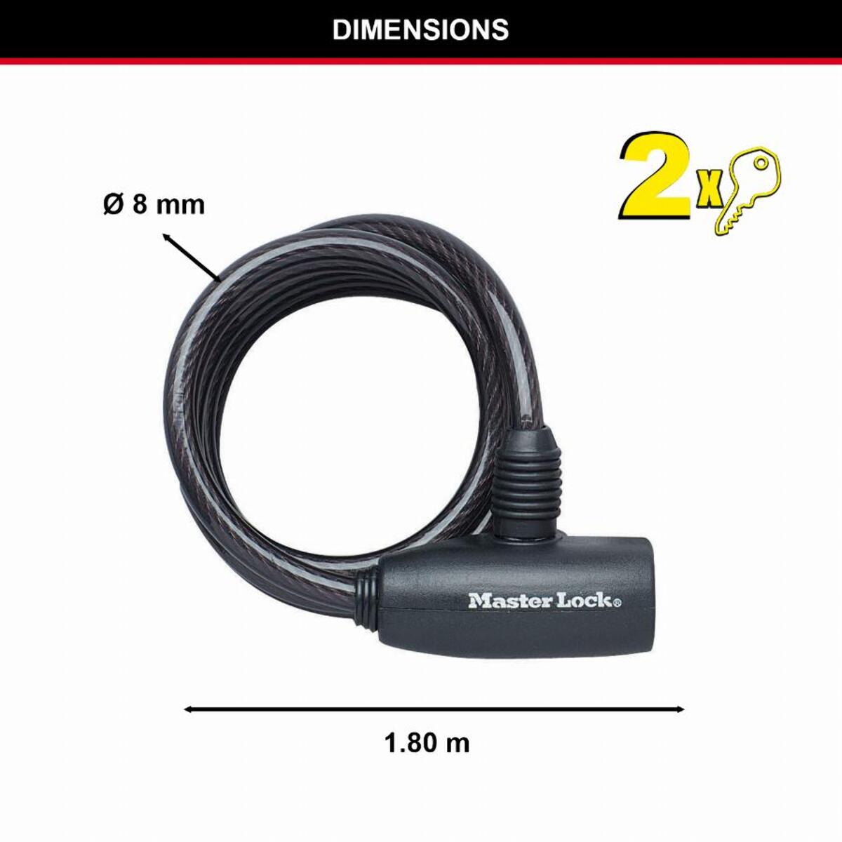 Câble antivol à clé MASTERLOCK L1,8 m et x 8 mm de diamètre - noir - 8126EURDPRO