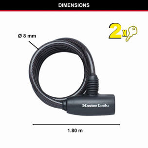 Câble antivol à clé MASTERLOCK L1,8 m et x 8 mm de diamètre - noir - 8126EURDPRO