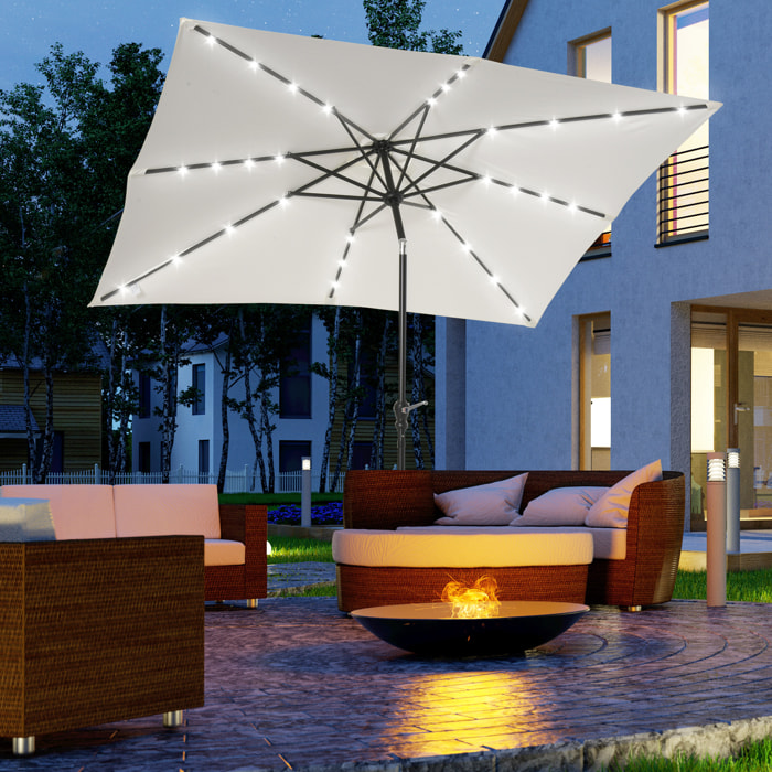 Sombrilla Terraza Exterior 268x205x248 cm Sombrilla de Jardín con Techo Inclinable hasta 45° Luces LED Solares Poste de Acero y Manivela Parasol para Patio Terraza Blanco
