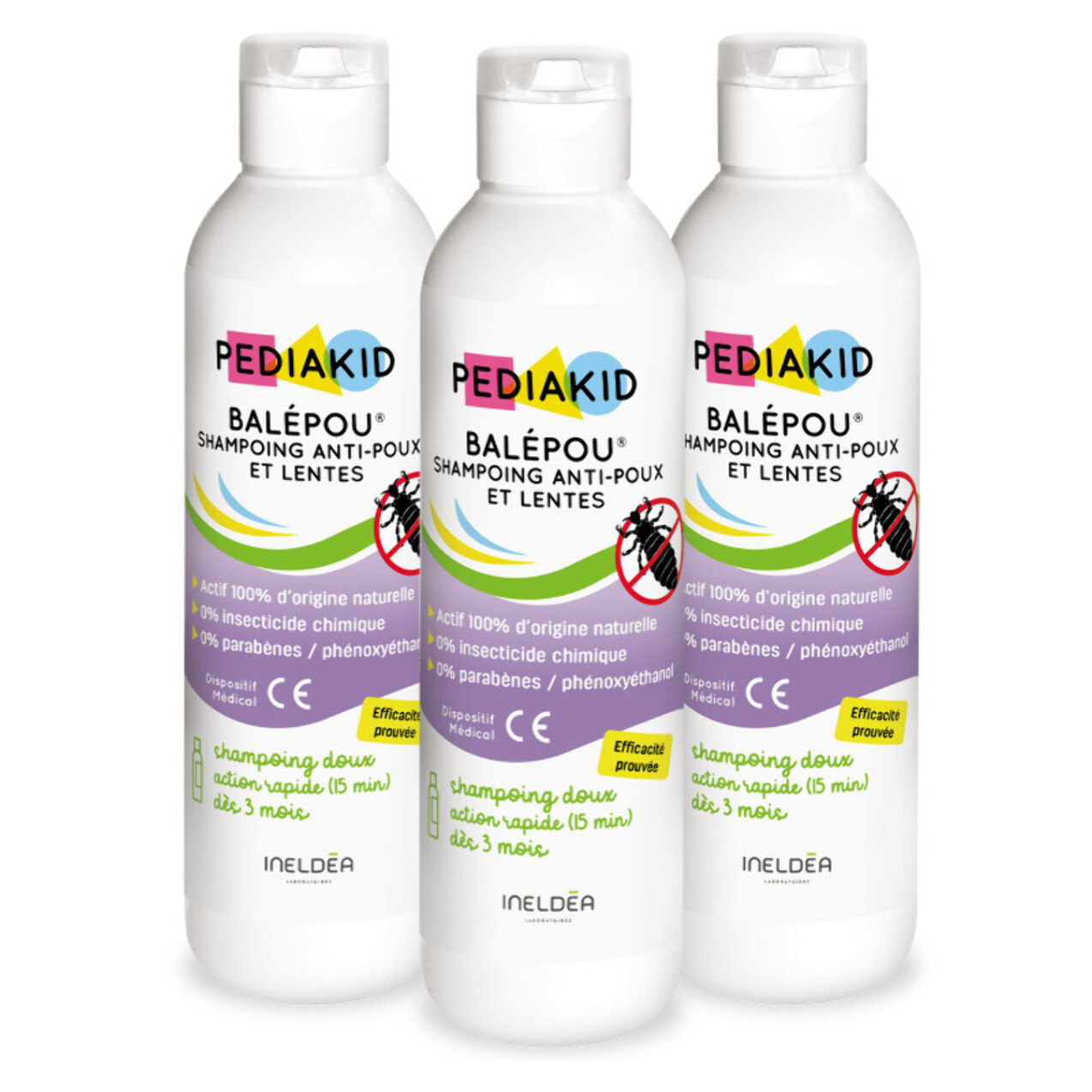 PEDIAKID - Balépou® Shampoing - Traitement Anti-Poux et Lentes Naturel - Agit en 15 Minutes - Dès 3 Mois - Dispositif Médical - Lot de 3