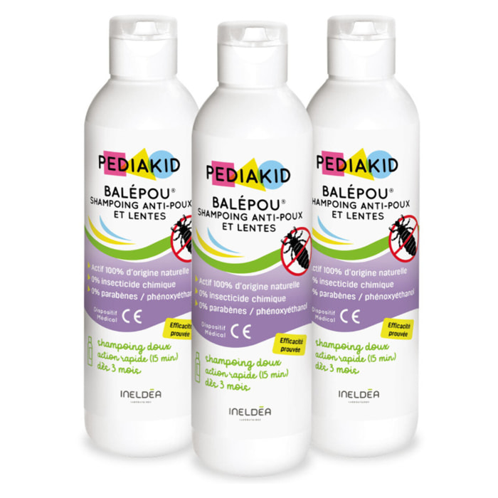 PEDIAKID - Balépou® Shampoing - Traitement Anti-Poux et Lentes Naturel - Agit en 15 Minutes - Dès 3 Mois - Dispositif Médical - Lot de 3