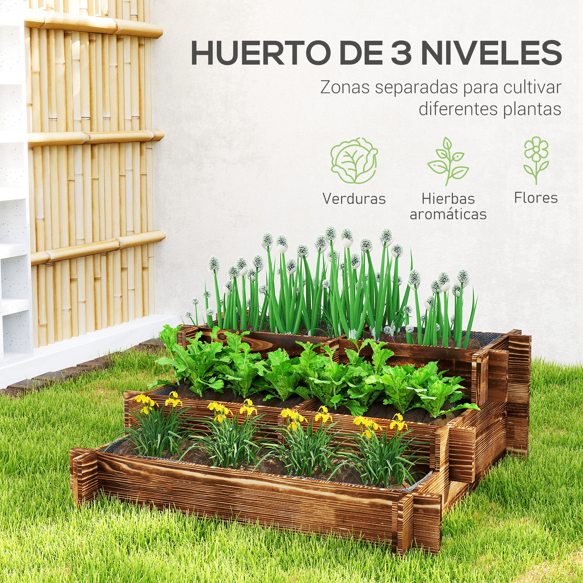 Jardinera de Madera Arriate de Jardín de 3 Niveles con Diseño de Escalera y Tela no Tejida Huerto Urbano para Cultivos Plantas Flores para Terraza Jardín 93x93x35 cm Carbonizado