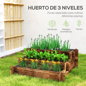 Jardinera de Madera Arriate de Jardín de 3 Niveles con Diseño de Escalera y Tela no Tejida Huerto Urbano para Cultivos Plantas Flores para Terraza Jardín 93x93x35 cm Carbonizado
