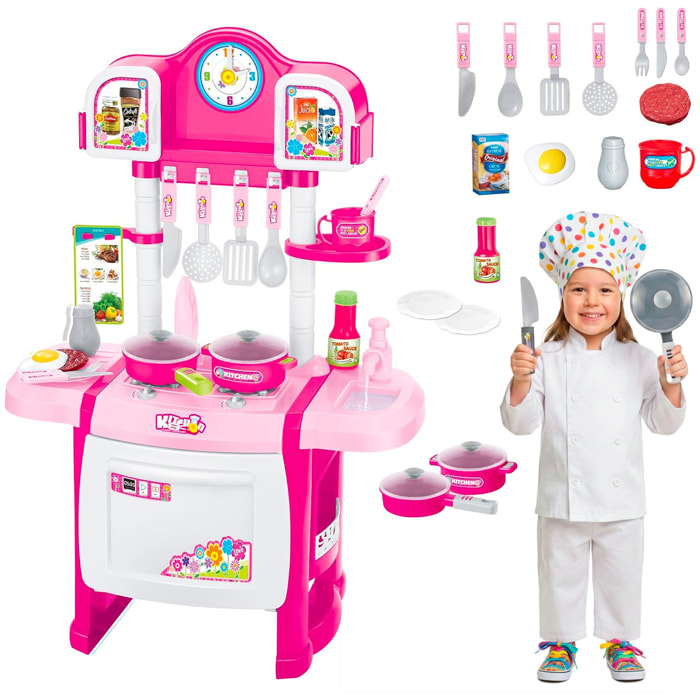 Cucina Giocattolo Per Bambini Con Luci E Suoni Realistici 18 Accessori Rubinetto Con Riciclo Dell'Acqua Set Cucina Educativo 3–8 Anni Rosa E Bianco